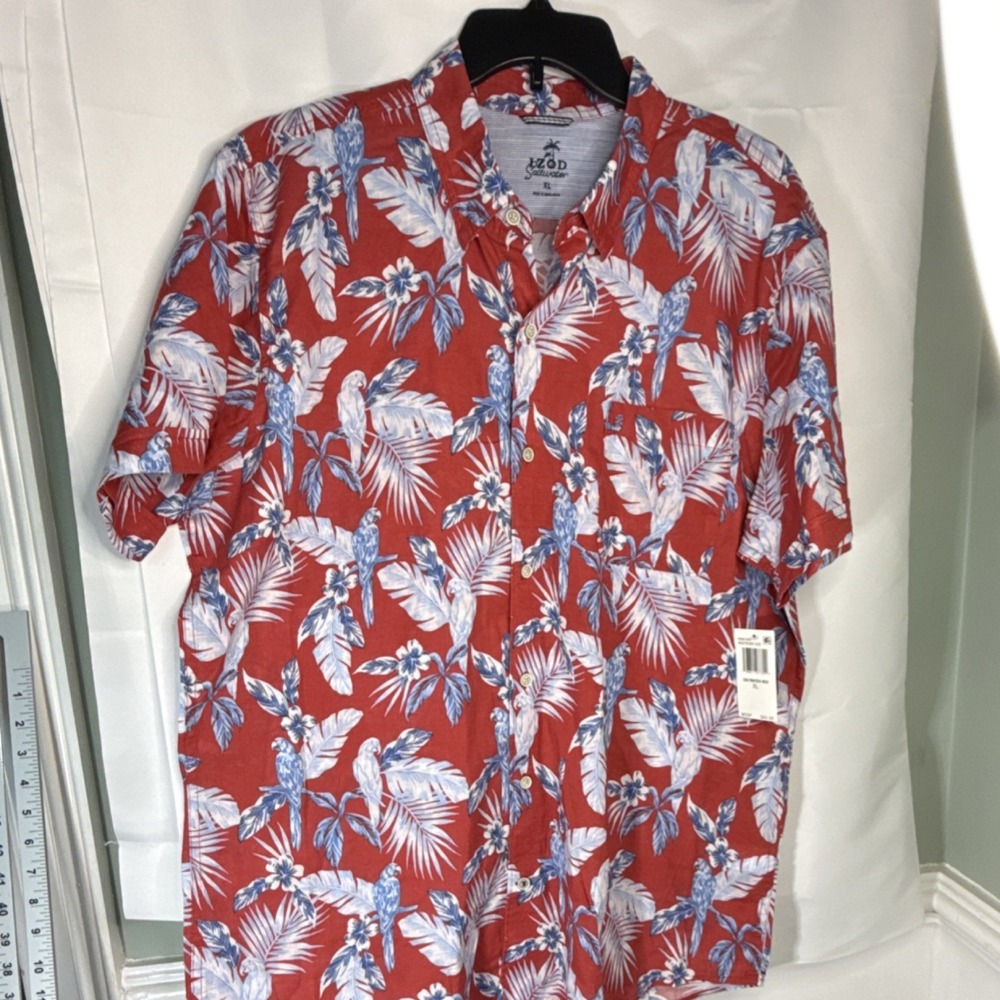 NWT IZOD Saltwater XL Red Blue Cotton Hawaiian Parrot Floral Button-Up Vacation